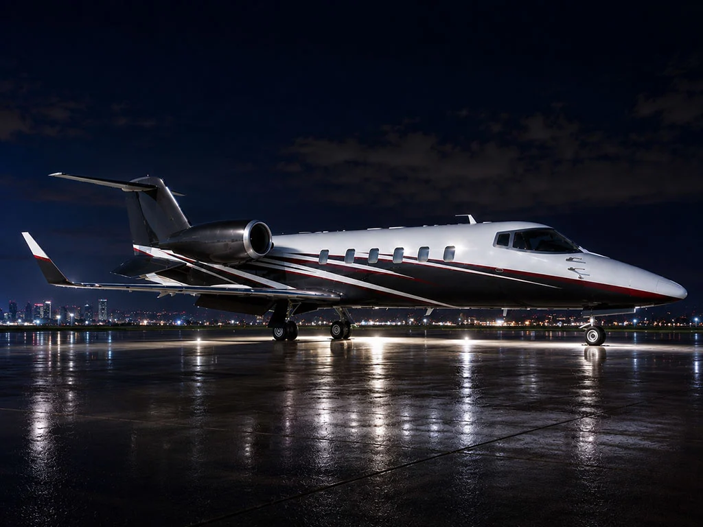 Exterior view of the 1999 Bombardier Learjet 60, SN 149, on a wet runway at night