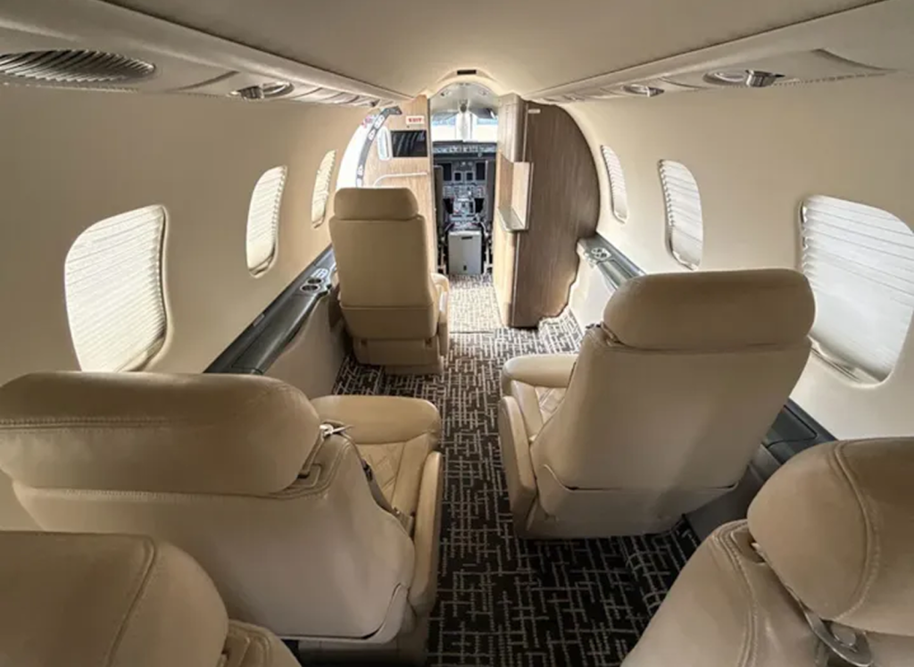 Forward-facing view of the Learjet 45 passenger cabin and galley