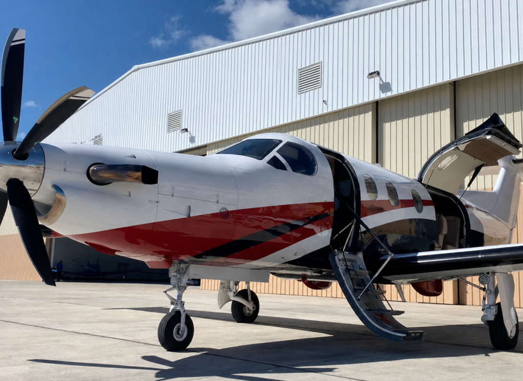 Red, white, and black 2013 Pilatus PC-12 NG parked outside a hangar
