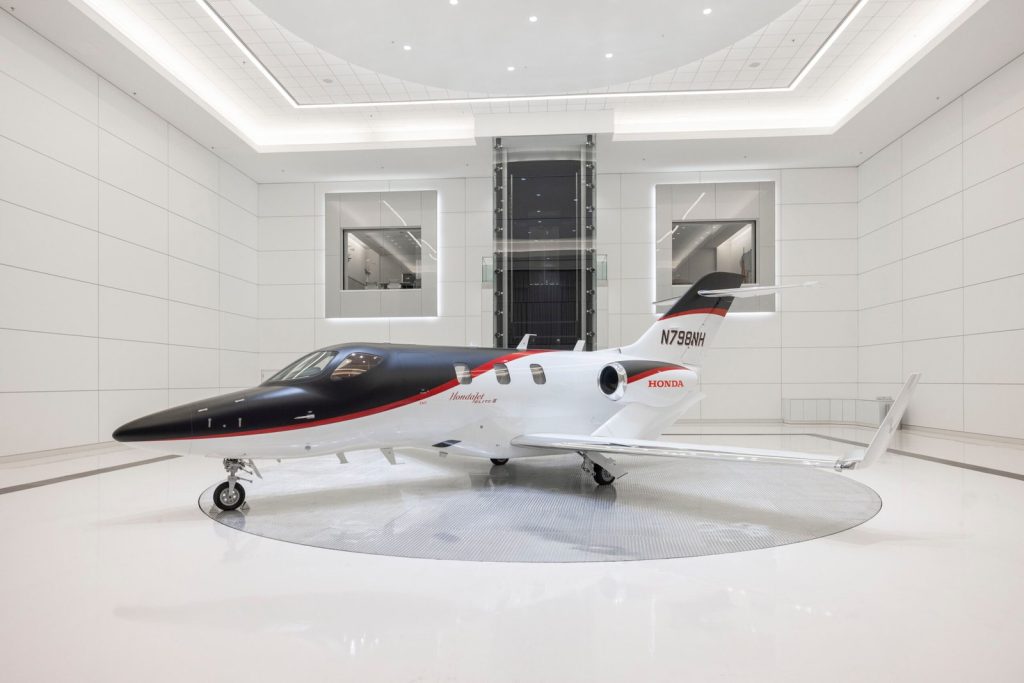 2025 HondaJet Elite II displayed in a bright aircraft showroom